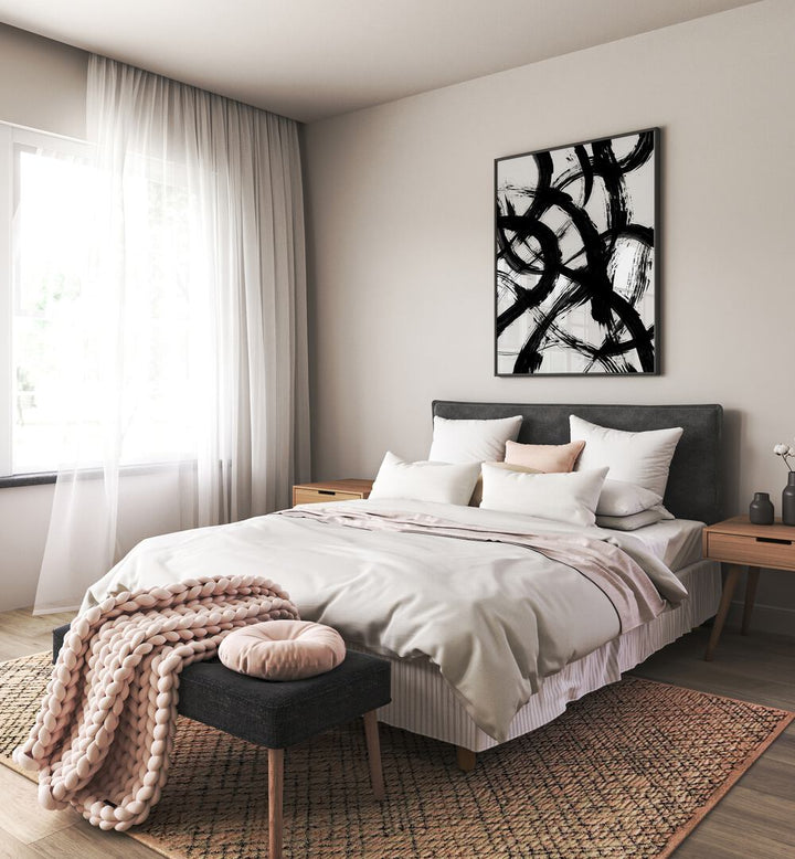 Abstract Brush B&w Strokes By Mareike Bohmer Abstract Art Abstract Paintings in Black Plain Frame placed on a Cream Colored Wall Behind a Bed in the Bedroom