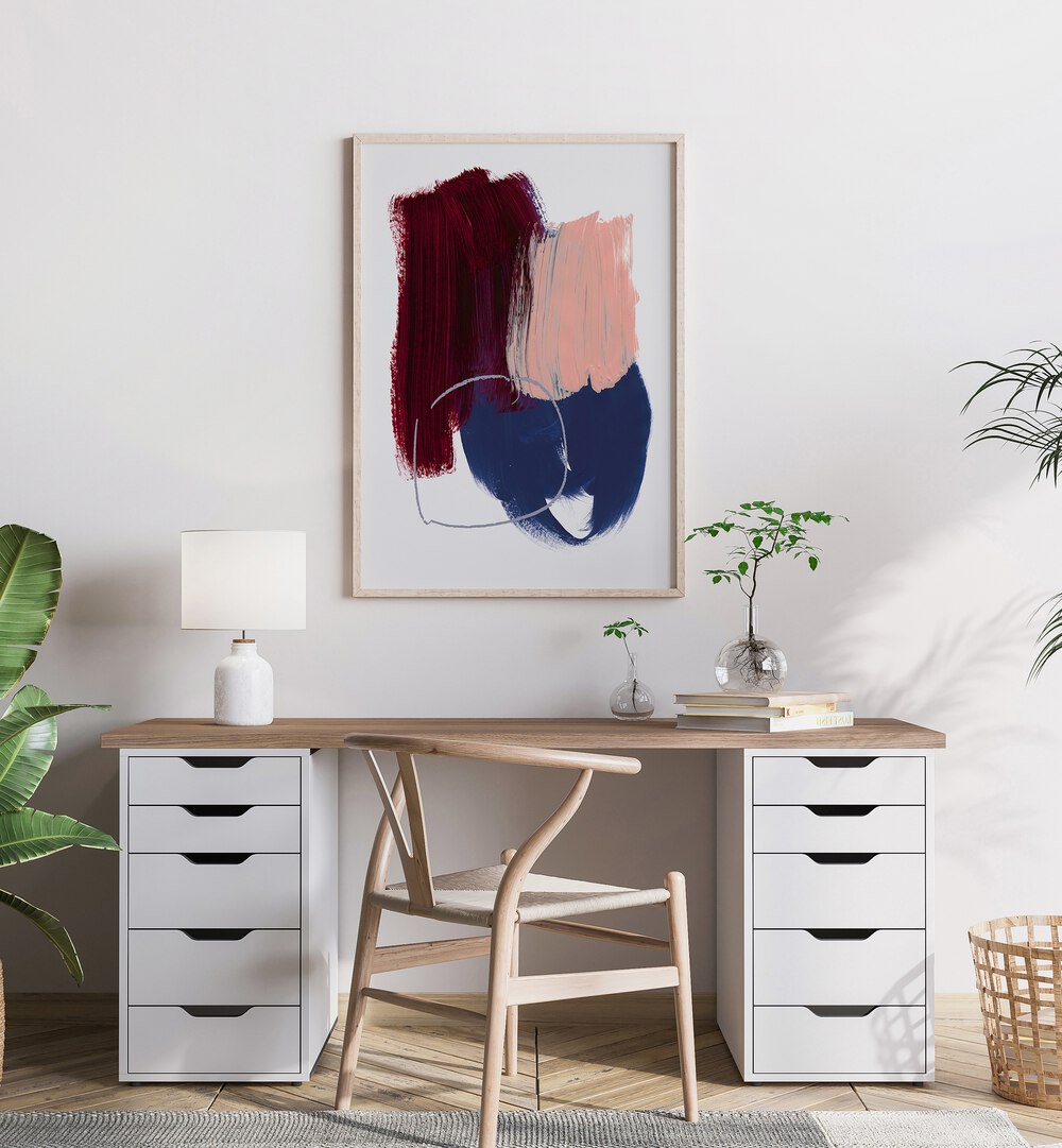 Abstract Brush Horizons By Mareike Bohmer Abstract Art Abstract Paintings in Oak Wood Plain Frame placed on a White Colored Wall near a Study Table  in the Drawing Room