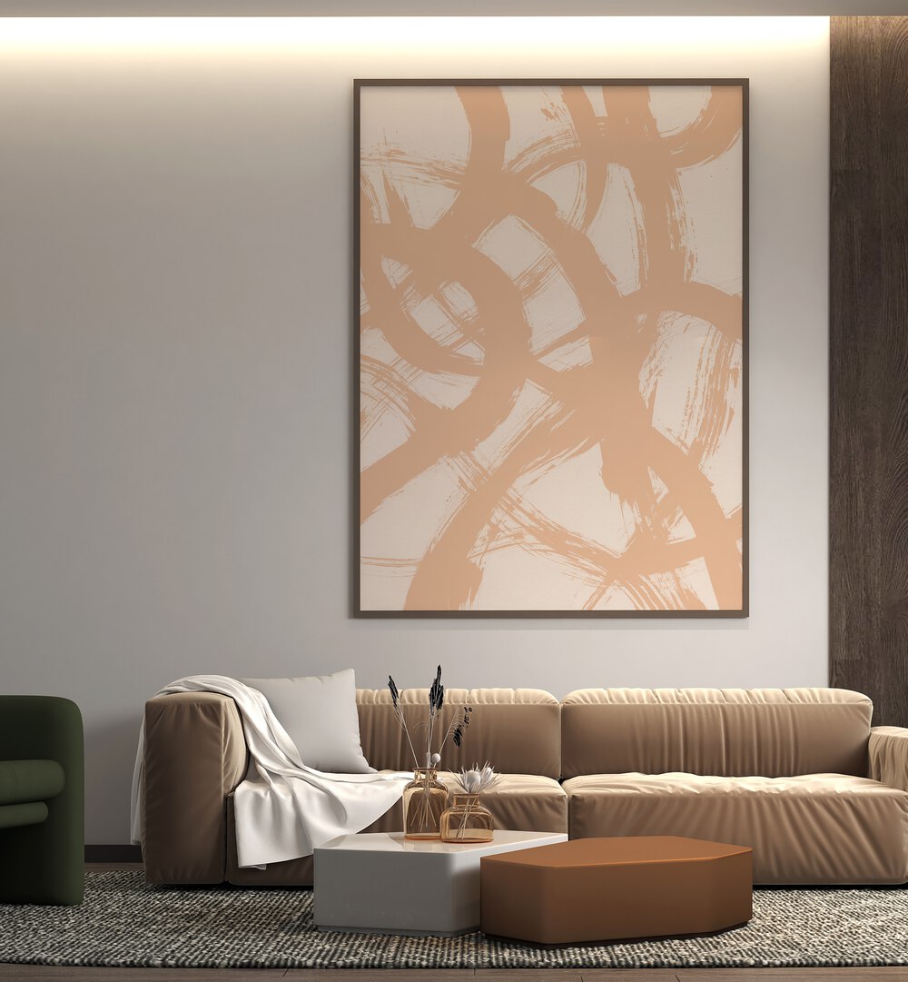 Abstract Brush Of Chaos By Mareike Bohmer Abstract Art Abstract Paintings in Dark Wood Plain Frame placed on a Cream Colored Wall behind a Beige Sofa in the Living Room