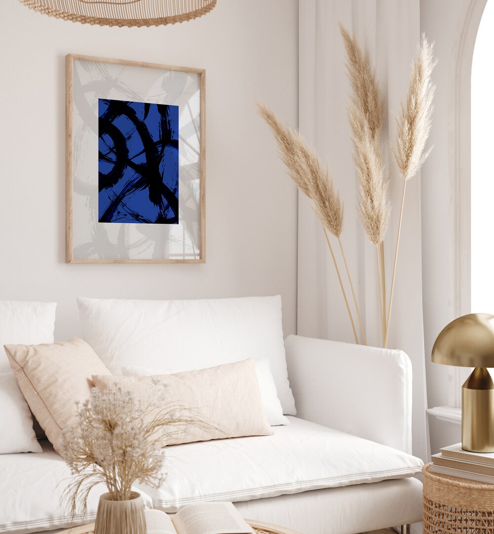 Abstract Brush Of Dreams By Mareike Bohmer Abstract Art Abstract Paintings in Oak Wood Plain Frame placed on a White Colored Wall near a White Sofa in the Living Room