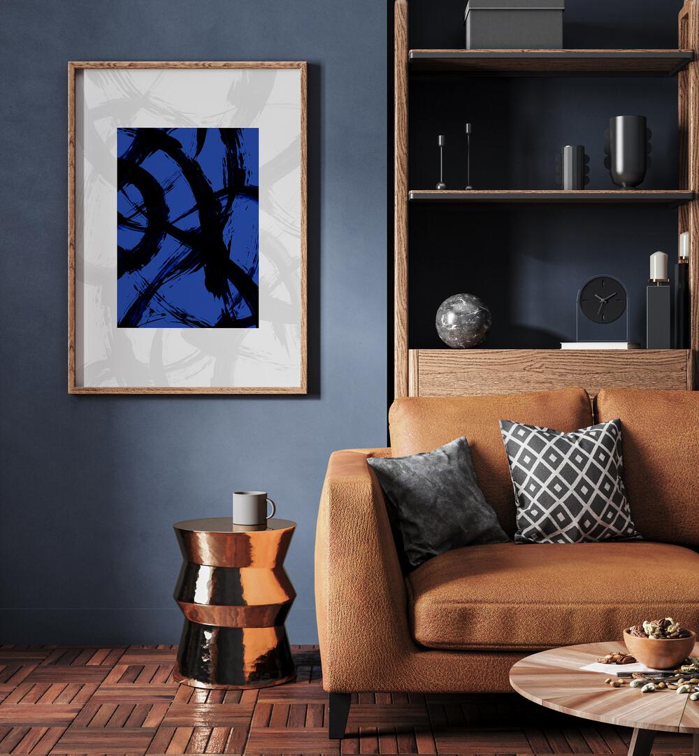 Abstract Brush Of Dreams By Mareike Bohmer Abstract Art Abstract Paintings in Oak Wood Plain Frame  placed on a Blue Colored Wall near a Brown Sofa  in the Living Room