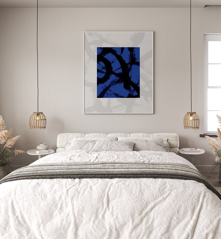 Abstract Brush Of Dreams By Mareike Bohmer Abstract Art Abstract Paintings in White Plain Frame placed on a Cream Colored Wall Behind a Bed in the Bedroom