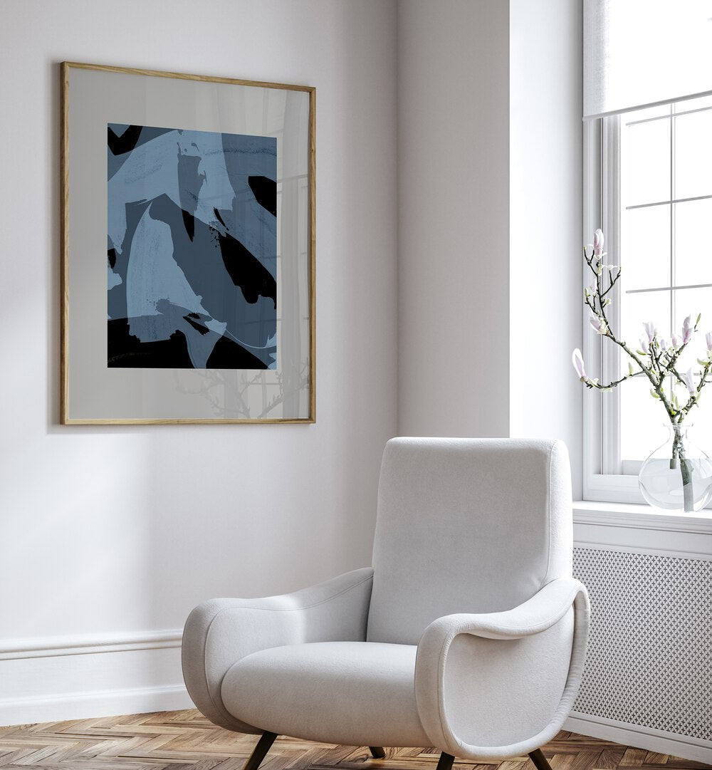 Abstract Brush Strokes Black And Blue By Mareike Bohmer Abstract Art Abstract Paintings in Oak Wood Plain Frame placed on a White Colored Wall in the Drawing Room