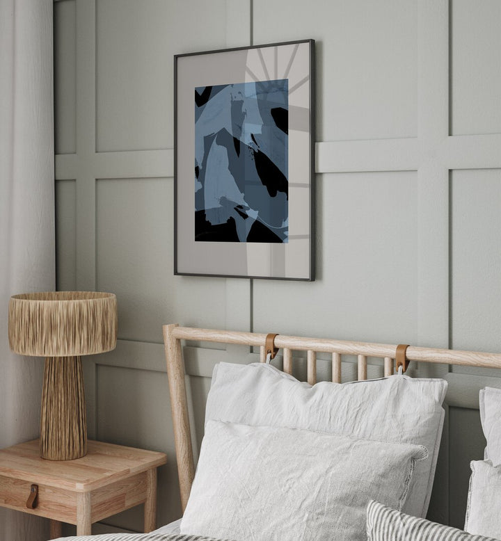 Abstract Brush Strokes Black And Blue By Mareike Bohmer Abstract Art Abstract Paintings in Black Plain Frame placed on a Grey Colored Wall near a Bed in the Bedroom