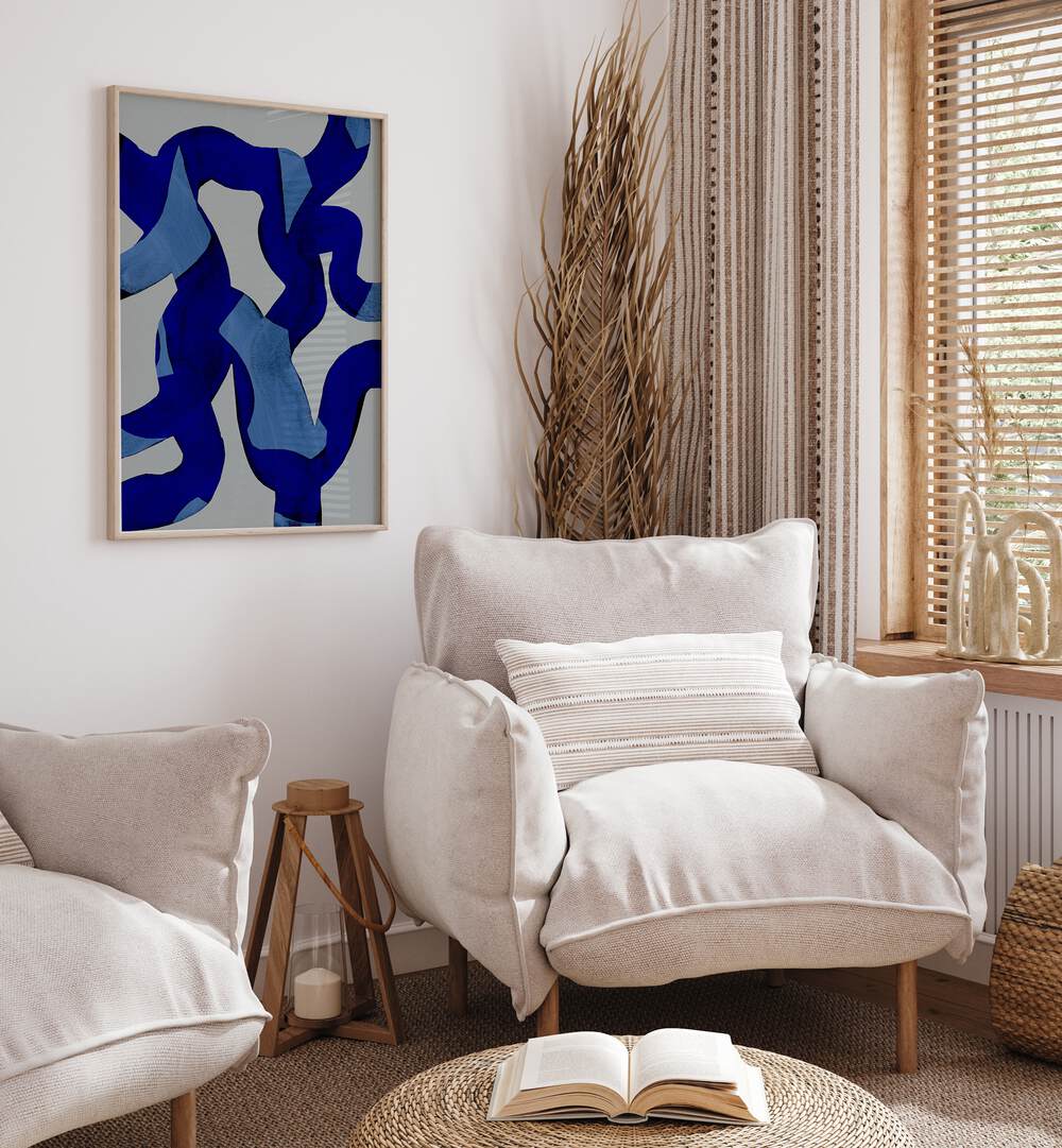 Abstract Brush Strokes Blue Tide By Mareike Bohmer Abstract Art Abstract Paintings in Oak Wood Plain Frame placed on a White Colored Wall in the Drawing Room