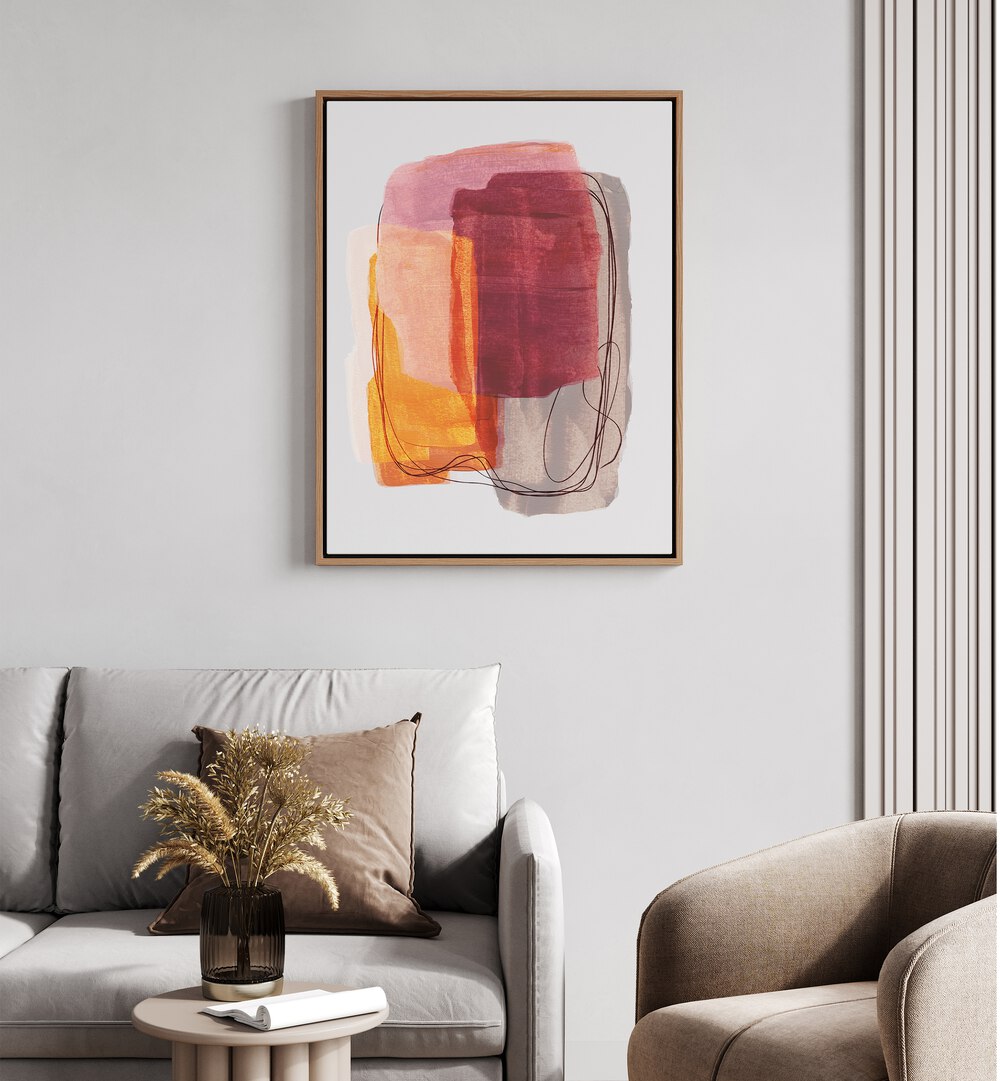 Abstract Brush Strokes Golden Rose By Mareike Bohmer Abstract Art Abstract Paintings in Oak Wood Floater Frame placed on a White Colored Wall near a Beige Sofa  in the Living Room