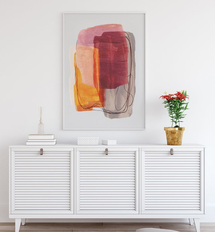 Abstract Brush Strokes Golden Rose By Mareike Bohmer Abstract Art Abstract Paintings in White Plain Frame placed on a White Colored Wall above a Console Table