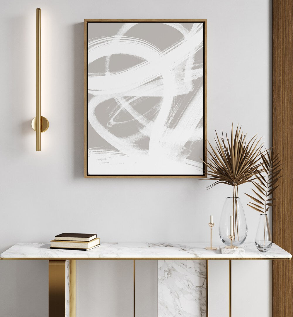 Abstract Brush Strokes IV By Mareike Bohmer Abstract Art Abstract Paintings in Oak Wood Floater Frame placed on a White Colored Wall above a Console Table