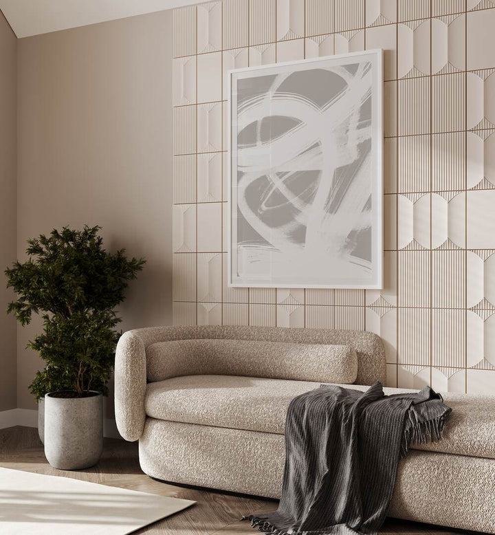 Abstract Brush Strokes IV By Mareike Bohmer Abstract Art Abstract Paintings in White Plain Frame placed on a Beige Colored Tiled Wall near a Beige Sofa in the Living Room