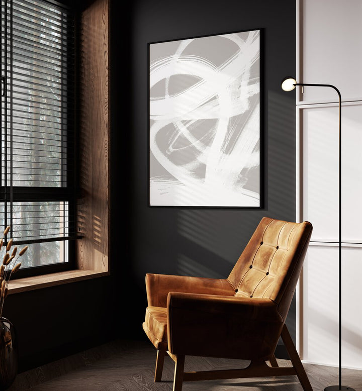 Abstract Brush Strokes IV By Mareike Bohmer Abstract Art Abstract Paintings in Black Plain Frame placed on a Dark Grey Colored Wall in the Drawing Room