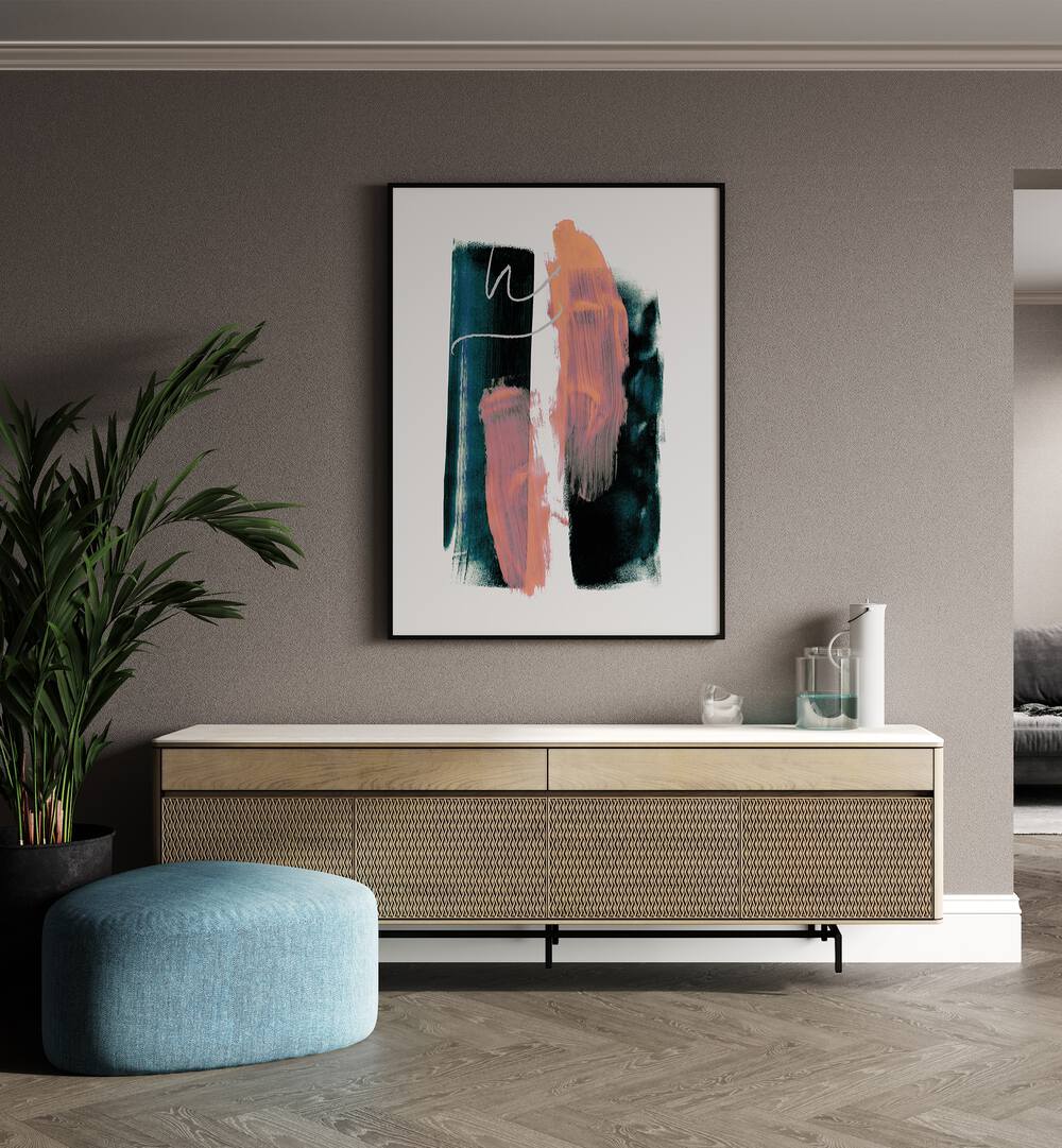 Abstract Brush Strokes Teal Green By Mareike Bohmer Abstract Art Abstract Paintings in Black Plain Frame placed on a Beige Colored Wall above a Console Table in the Drawing Room