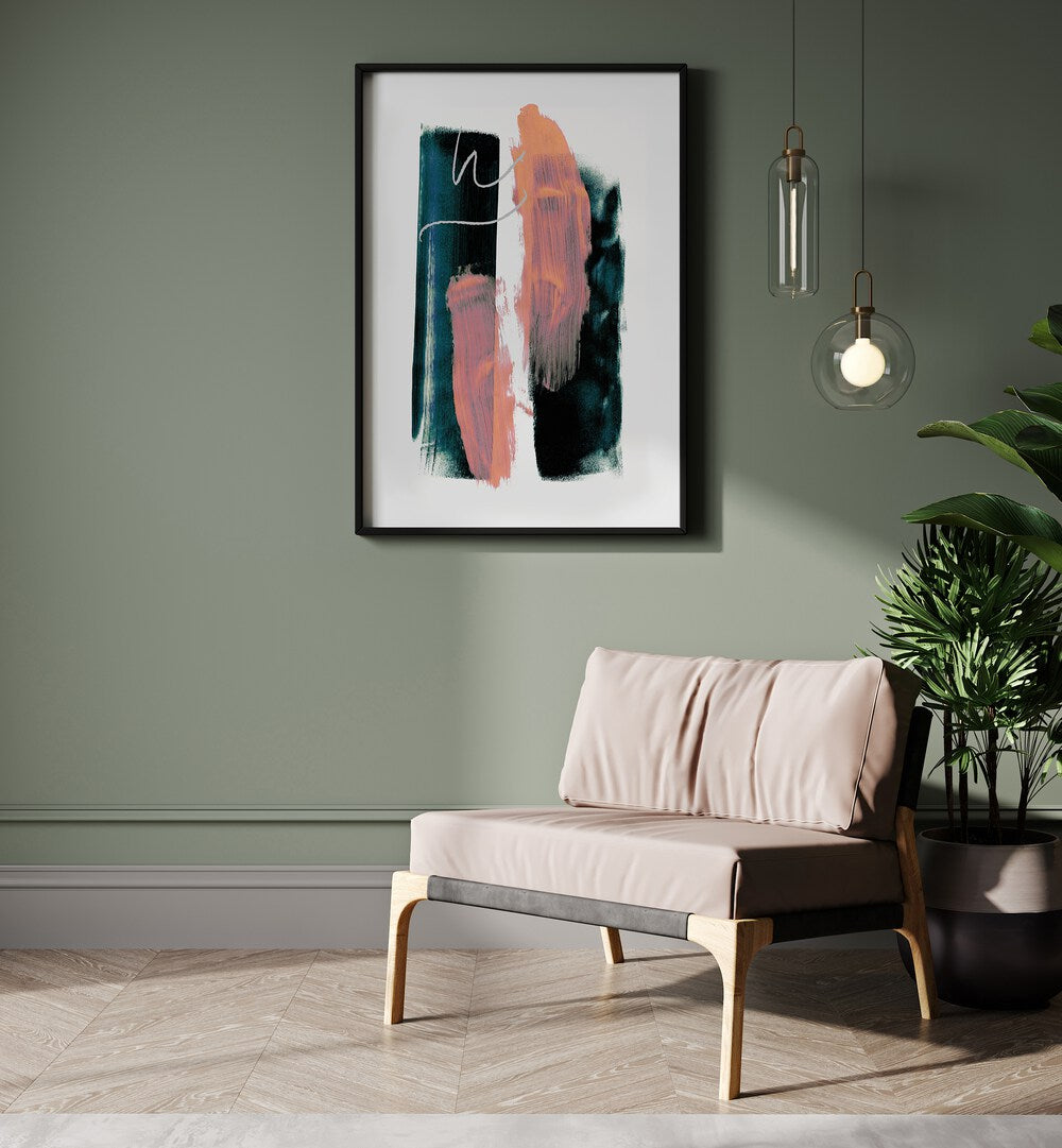 Abstract Brush Strokes Teal Green By Mareike Bohmer Abstract Art Abstract Paintings in Black Plain Frame placed on a Green Colored Wall in the Drawing Room 