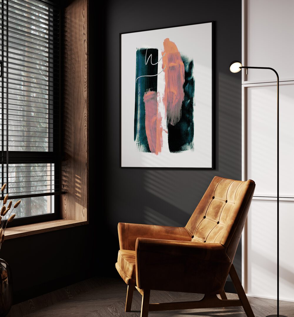 Abstract Brush Strokes Teal Green By Mareike Bohmer Abstract Art Abstract Paintings in Black Plain Frame placed on a Dark Grey Colored Wall in the Drawing Room