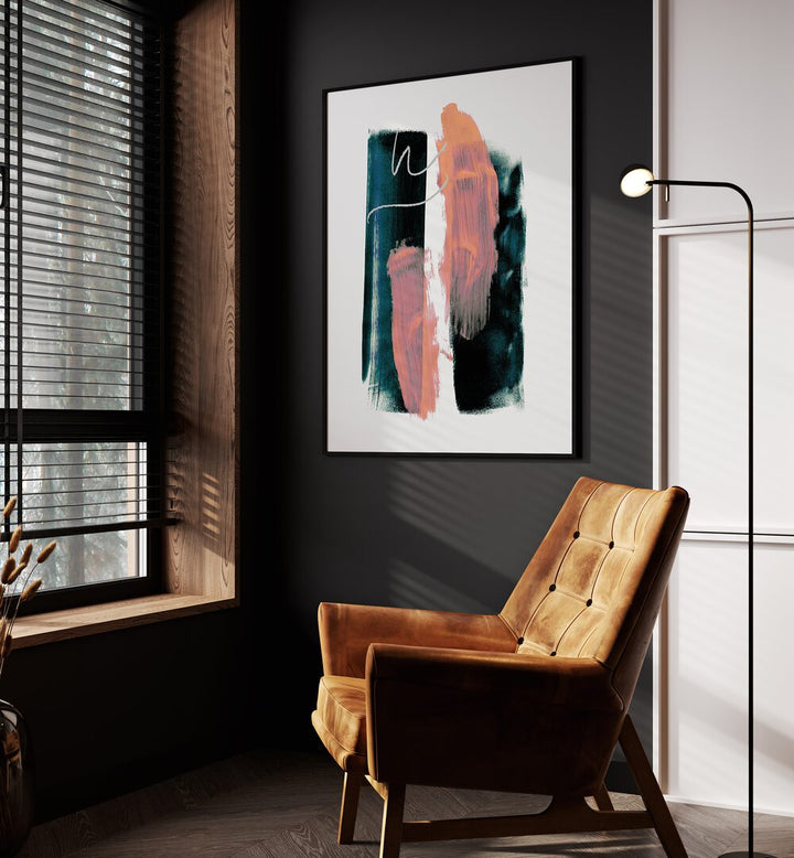 Abstract Brush Strokes Teal Green By Mareike Bohmer Abstract Art Abstract Paintings in Black Plain Frame placed on a Dark Grey Colored Wall in the Drawing Room