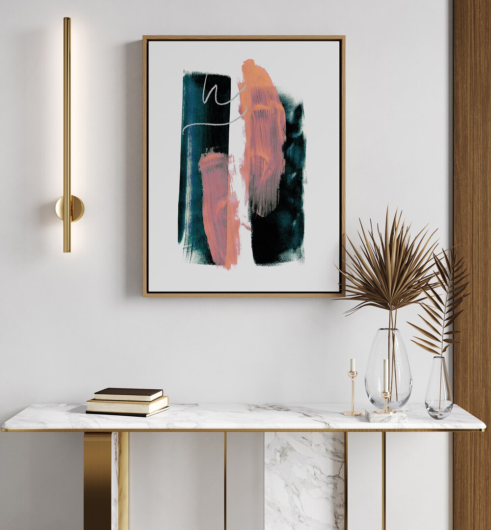 Abstract Brush Strokes Teal Green By Mareike Bohmer Abstract Art Abstract Paintings in Oak Wood Floater Frame placed on a White Colored Wall above a Console Table in the Living Room