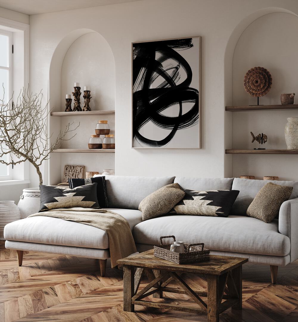 Abstract Brush Strokes V By Mareike Bohmer Abstract Art Abstract Paintings in Oak Wood Plain Frame placed on a White Colored Wall Behind a Grey Sofa in the Living Room