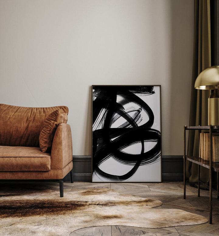 Abstract Brush Strokes V By Mareike Bohmer Abstract Art Abstract Paintings in Black Plain Frame placed on the floor near a Brown Sofa in the Living Room