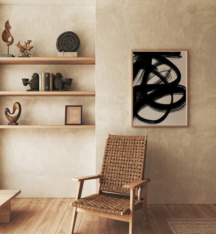 Abstract Brush Strokes V By Mareike Bohmer Abstract Art Abstract Paintings in Oak Wood Plain Frame placed on a Beige Colored Wall in the Drawing Room