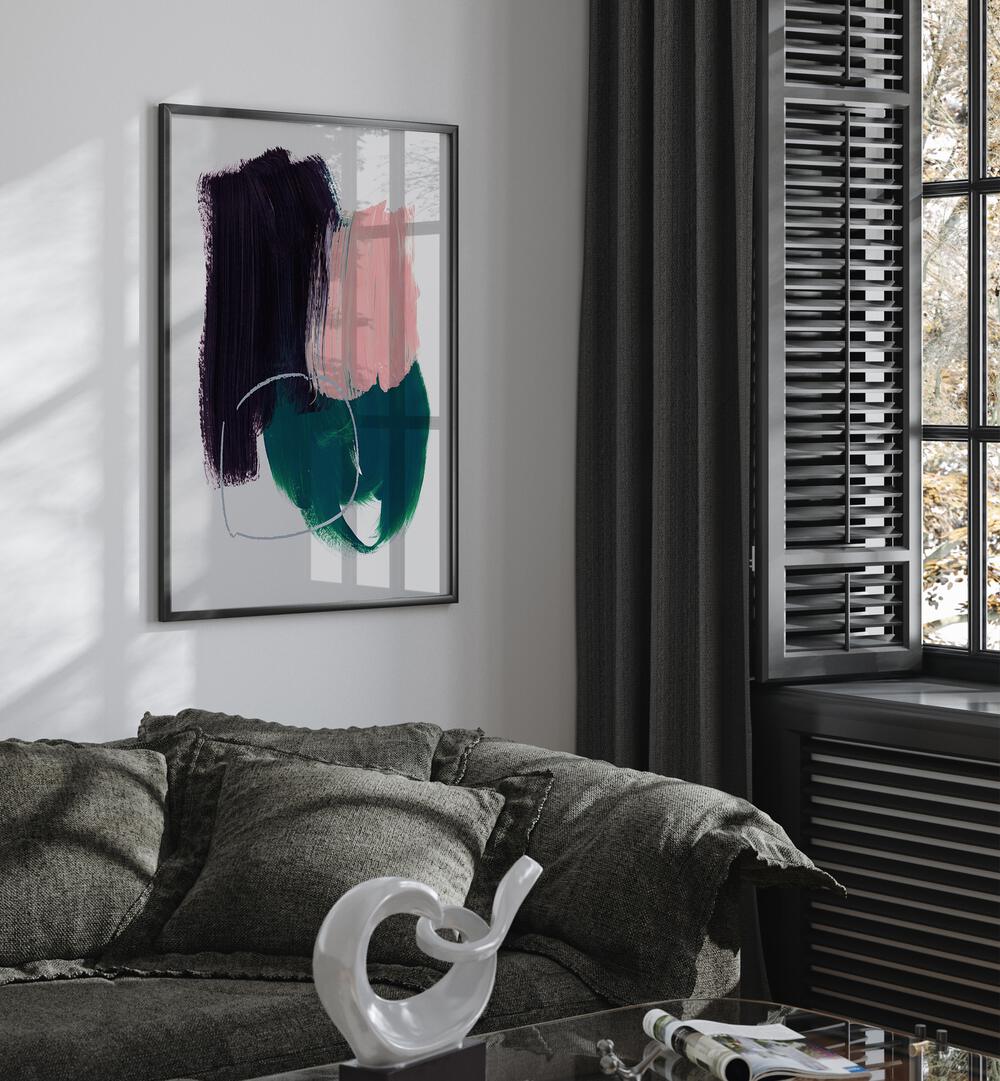 Abstract Brush Strokes X By Mareike Bohmer Abstract Art Abstract Paintings in Black Plain Frame placed on a White Colored Wall near a Grey Sofa in the Living Room