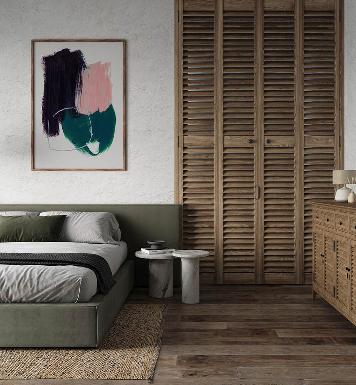 Abstract Brush Strokes X By Mareike Bohmer Abstract Art Abstract Paintings in Oak Wood Plain Frame placed on a White Colored Wall Behind a Bed in the Bedroom 