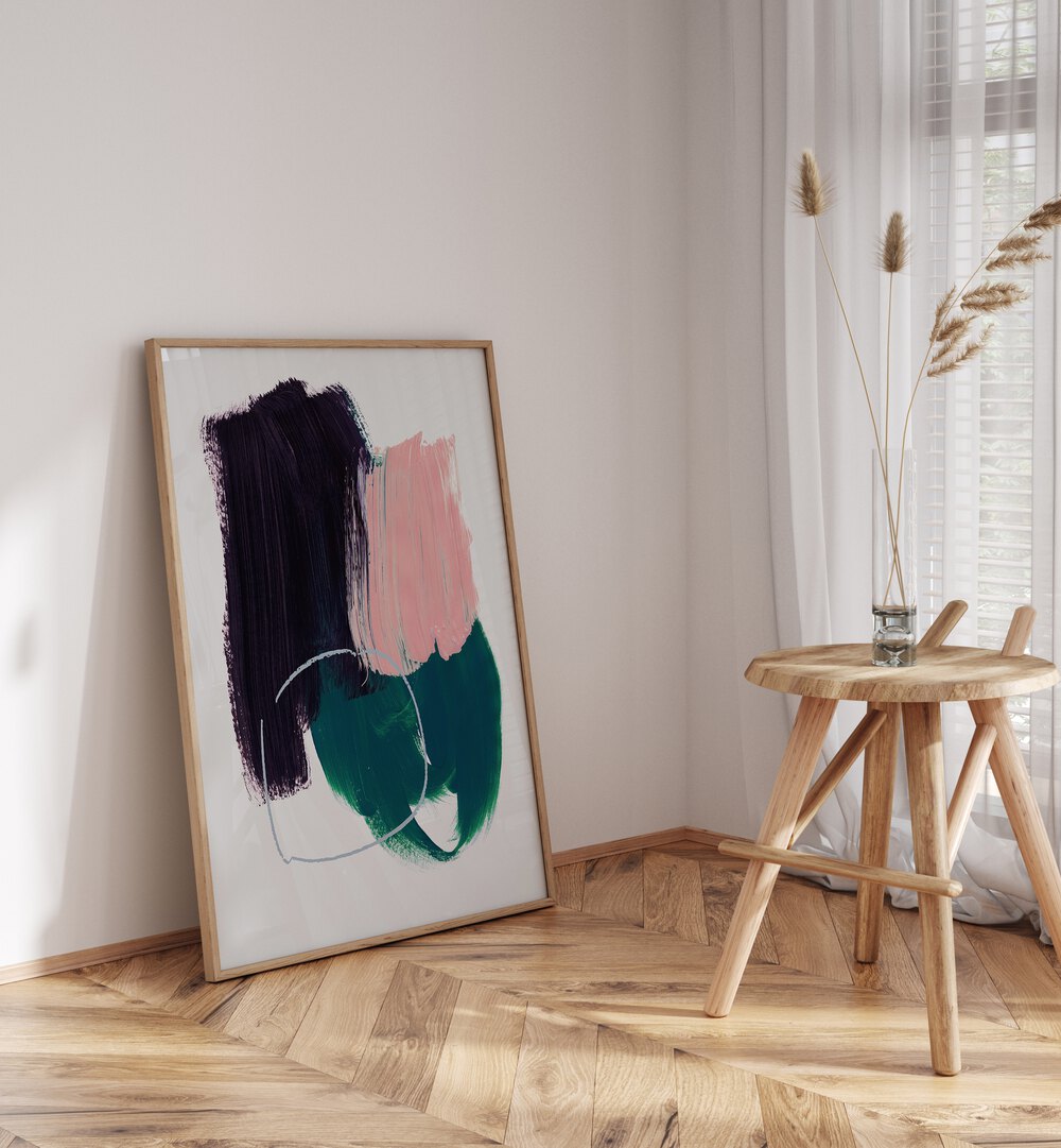 Abstract Brush Strokes X By Mareike Bohmer Abstract Art Abstract Paintings in Oak Wood Plain Frame placed on the floor near a White Colored Wall in the Drawing Room