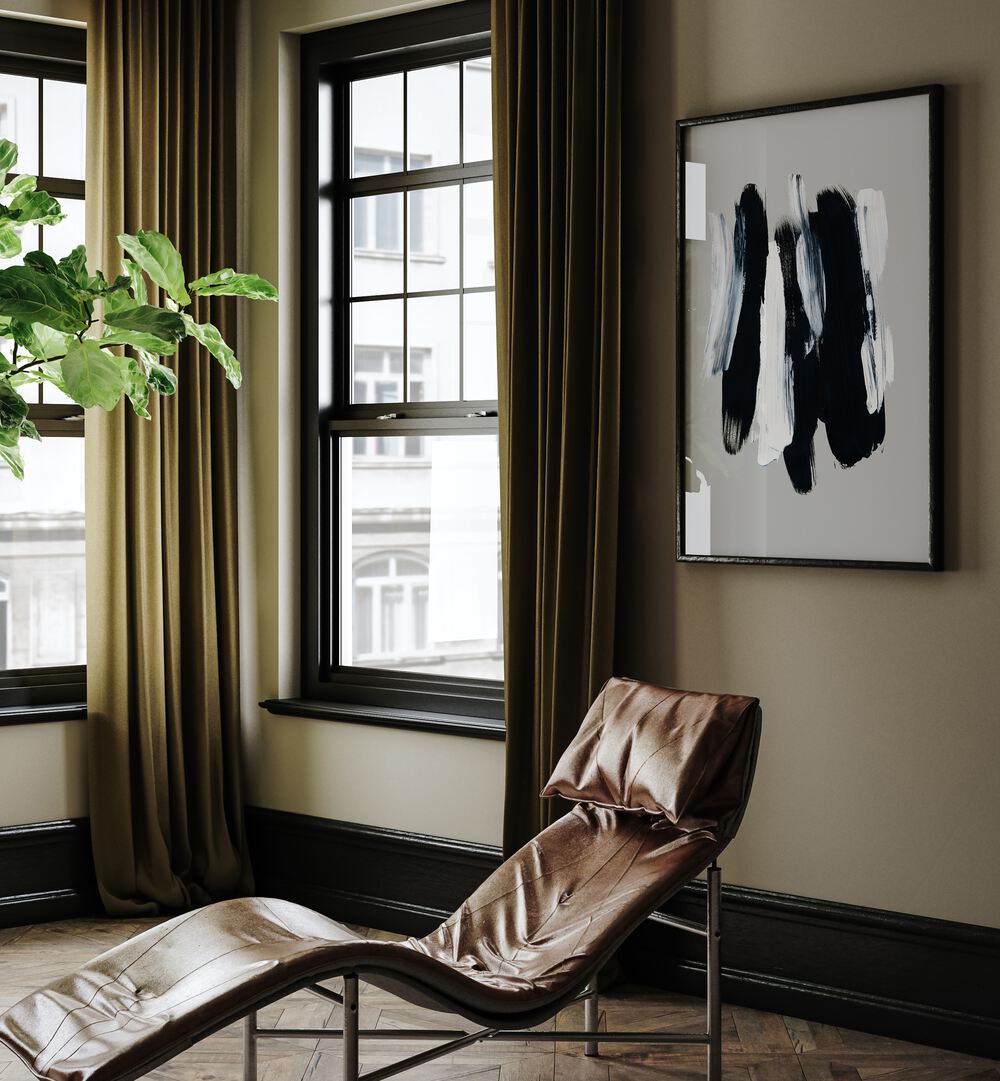 Abstract Brush Strokes XII By Mareike Bohmer Abstract Art Abstract Paintings in Black Plain Frame placed on a Beige Colored Wall in the Drawing Room