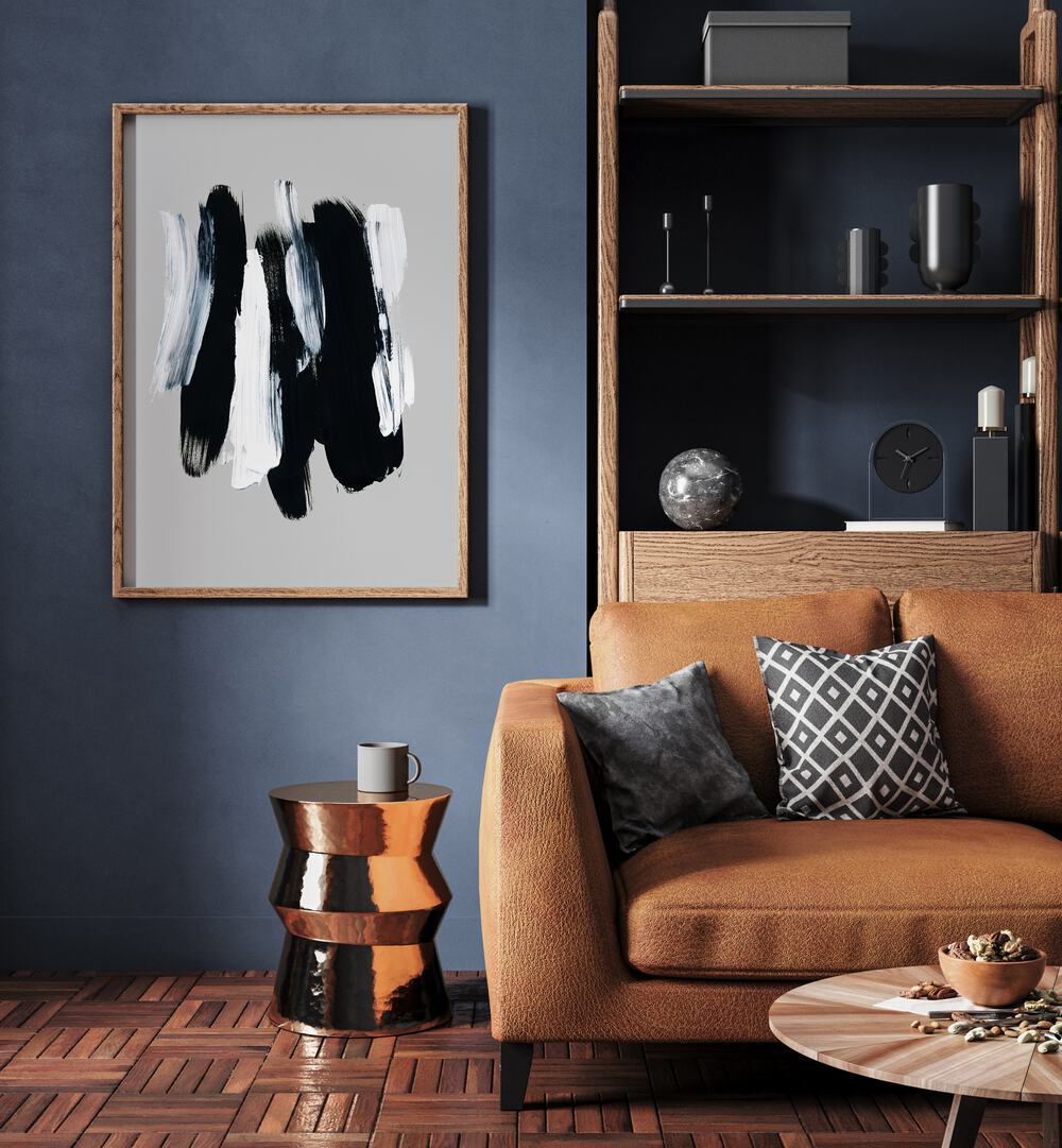 Abstract Brush Strokes XII By Mareike Bohmer Abstract Art Abstract Paintings in Oak Wood Plain Frame placed on a Blue Colored Wall near a Brown Sofa  in the Living Room