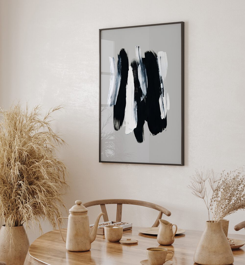 Abstract Brush Strokes XII By Mareike Bohmer Abstract Art Abstract Paintings in Black Plain Frame placed on a Cream Colored Wall near a Dining Table in the Dining Room