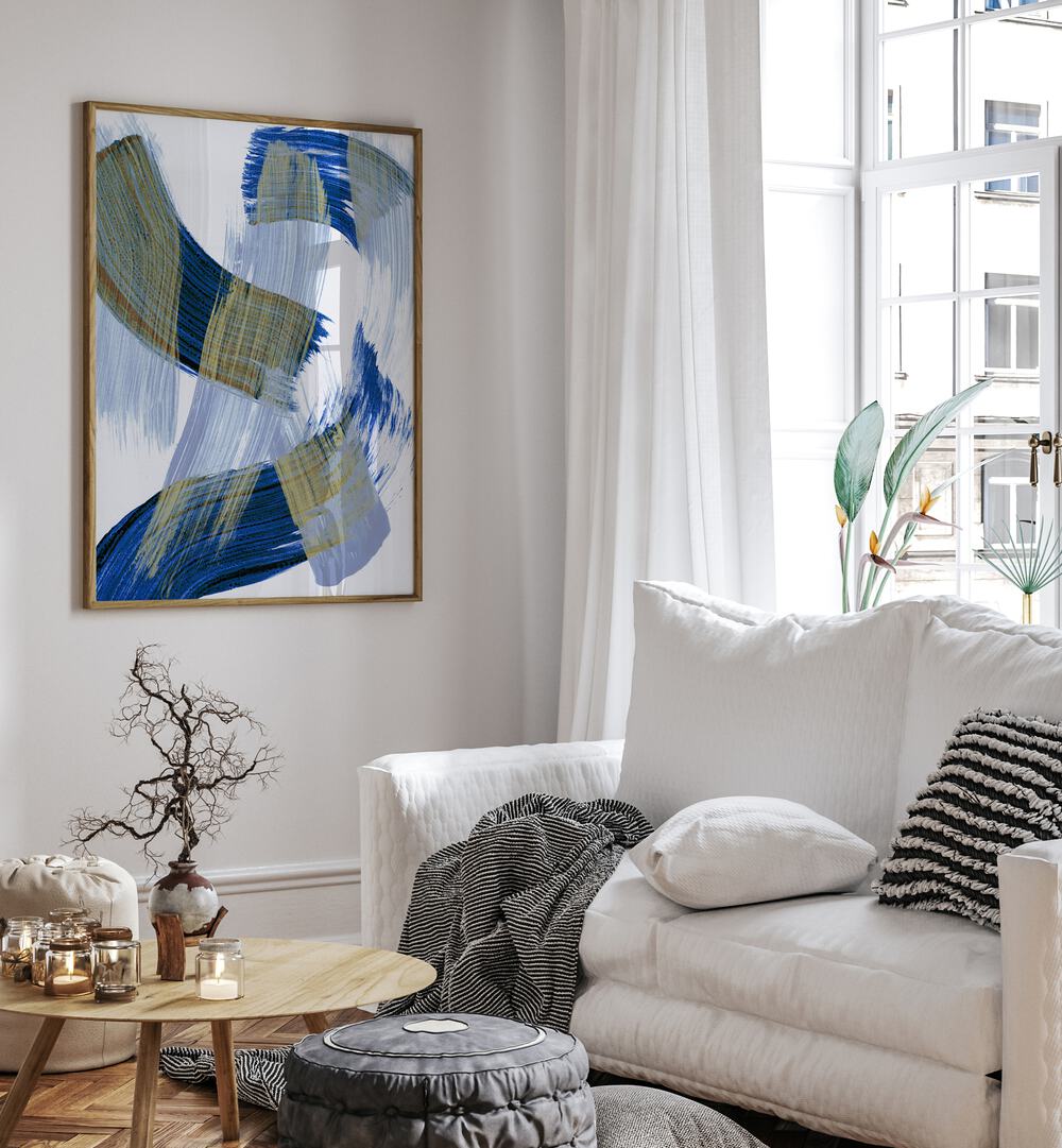 Abstract Brushdance By Mareike Bohmer Abstract Art Abstract Paintings in Oak Wood Plain Frame placed on a White Colored Wall near a White Sofa in the Living Room