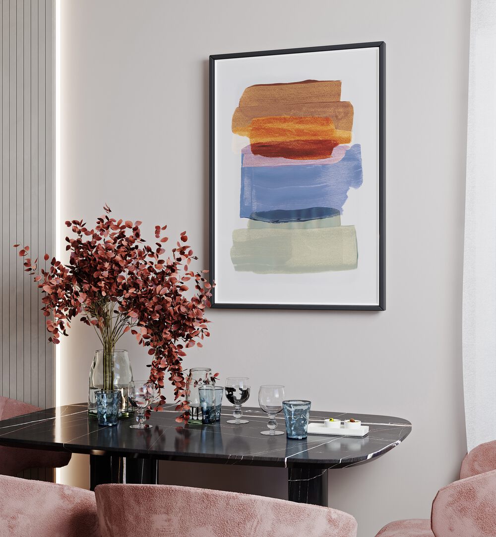 Abstract Brushfire By Mareike Bohmer Abstract Art Abstract Paintings in Black Plain Frame placed on a White Colored Wall near a Dining Table in the Dining Room