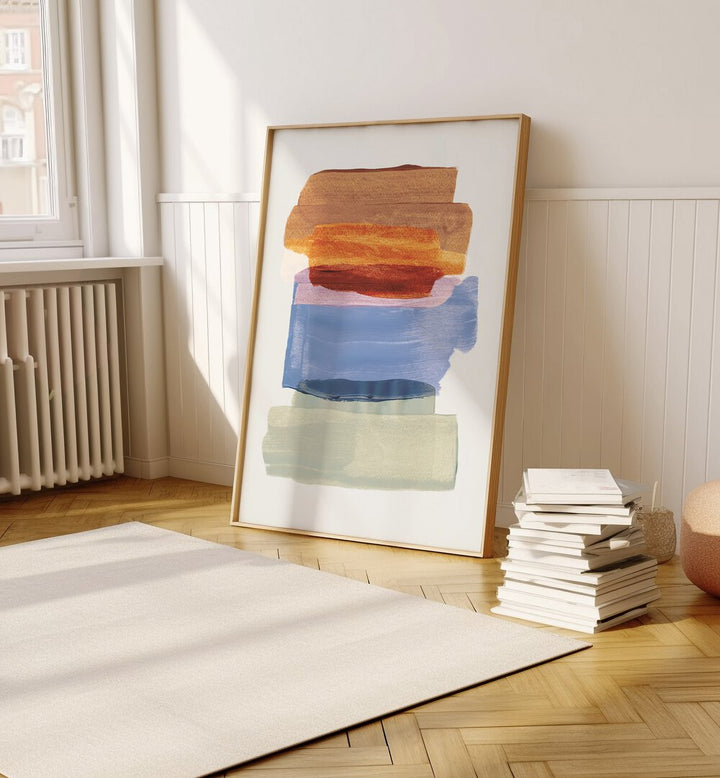 Abstract Brushfire By Mareike Bohmer Abstract Art Abstract Paintings in Oak Wood Plain Frame placed on the floor near a White Colored Wall in the Drawing Room 