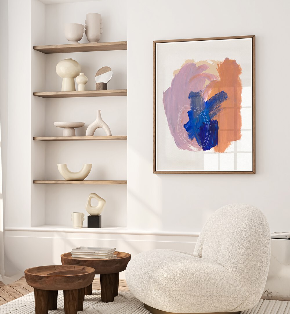 Abstract Brushflow By Mareike Bohmer Abstract Art Abstract Paintings in Oak Wood Plain Frame placed on a White Colored Wall in the Drawing Room