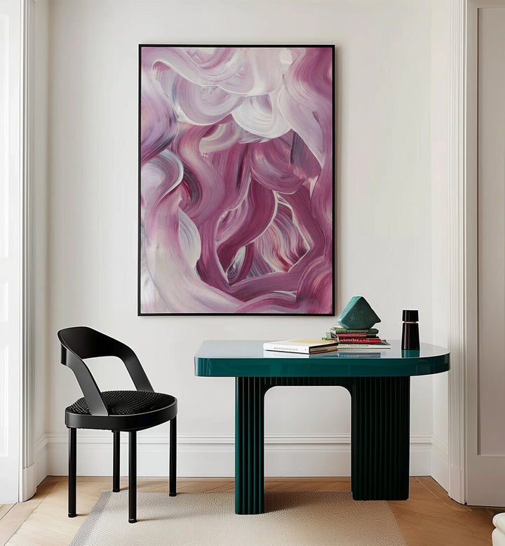 Abstract Confusion ii by Uplus Me Studio Abstract Art Abstract Paintings in Black Plain Frame placed on a wall behind a study table 