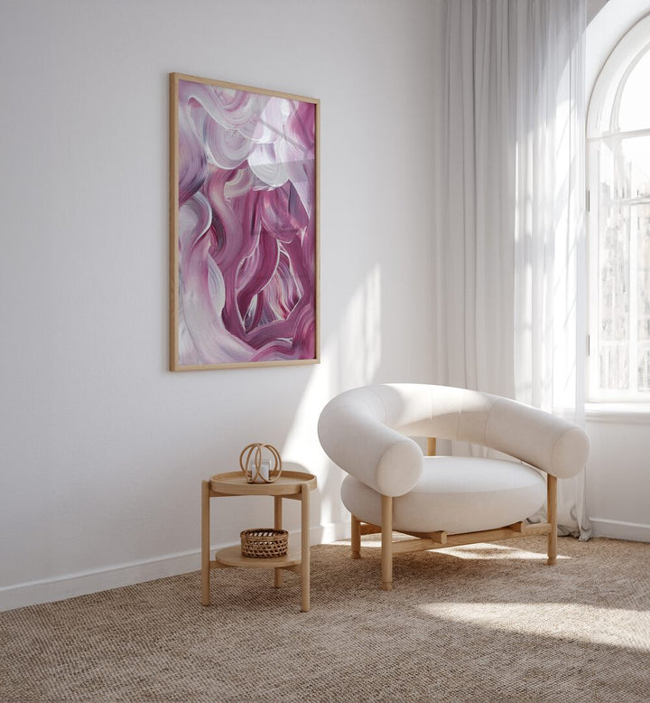 Abstract Confusion ii by Uplus Me Studio Abstract Art Abstract Paintings in Oak Wood Plain Frame placed on a wall behind a white sofa 