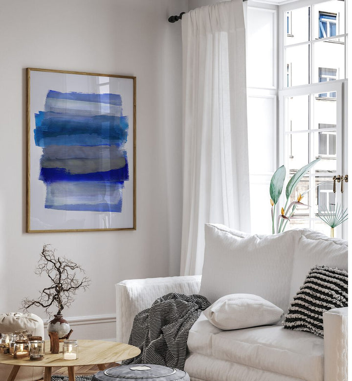 Abstract Duality In Brush Strokes By Mareike Bohmer Abstract Art Abstract Paintings in Oak Wood Plain Frame placed on a White Colored Wall near a White Sofa in the Living Room