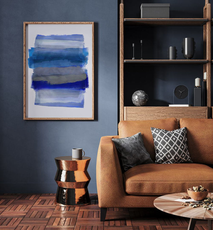 Abstract Duality In Brush Strokes By Mareike Bohmer Abstract Art Abstract Paintings in Oak Wood Plain Frame placed on a Blue Colored Wall near a Brown Sofa in the Living Room