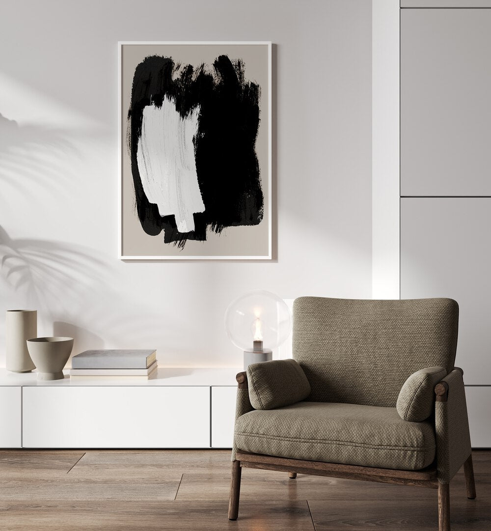 Abstract Echoes In Black Brush Strokes By Mareike Bohmer Abstract Art Abstract Paintings in White Plain Frame placed on a White Colored Wall above a Console Table in the Drawing Room