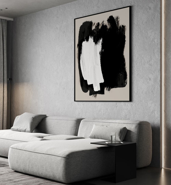 Abstract Echoes In Black Brush Strokes By Mareike Bohmer Abstract Art Abstract Paintings in Black Plain Frame placed on a Grey Colored Wall near a Grey Sofa in the Living Room