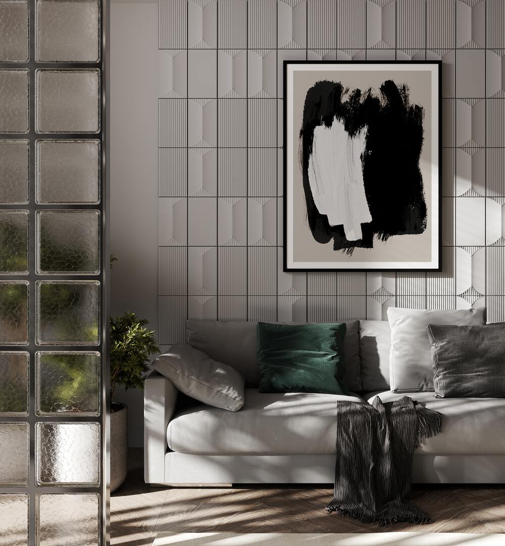 Abstract Echoes In Black Brush Strokes By Mareike Bohmer Abstract Art Abstract Paintings in Black Frame With Mount placed on a Beige Colored Tiled Wall near a Grey Sofa in the Living Room