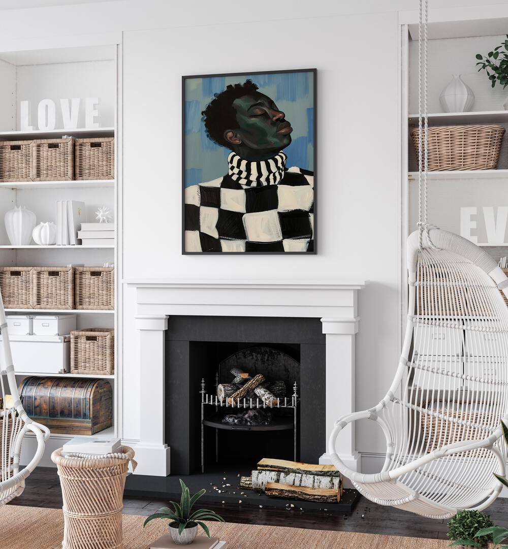 Abstract Feminist  Women Illustrations paintings in Black Plain Frame on a white wall above a fire place