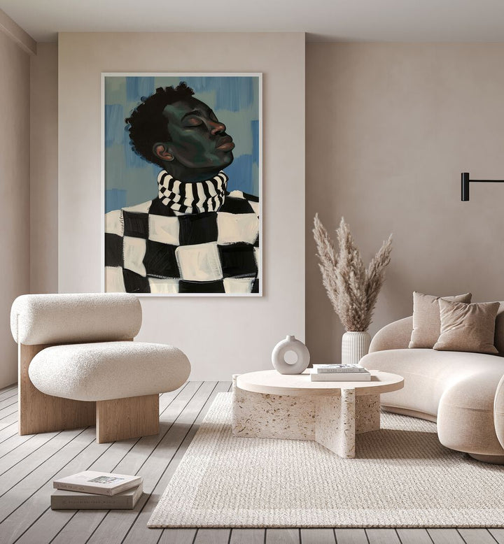 Abstract Feminist  Women Illustrations paintings in White Plain Frame on a wall behind a sofa