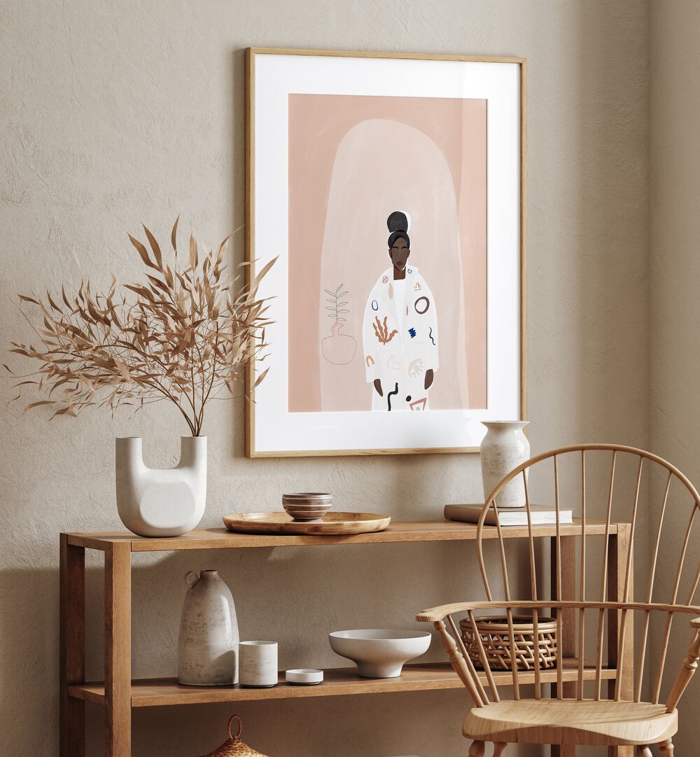 Abstract Jacket By Ivy Green Women Illustration Paintings in Oak Wood Frame With Mount on a beige wall placed above a table