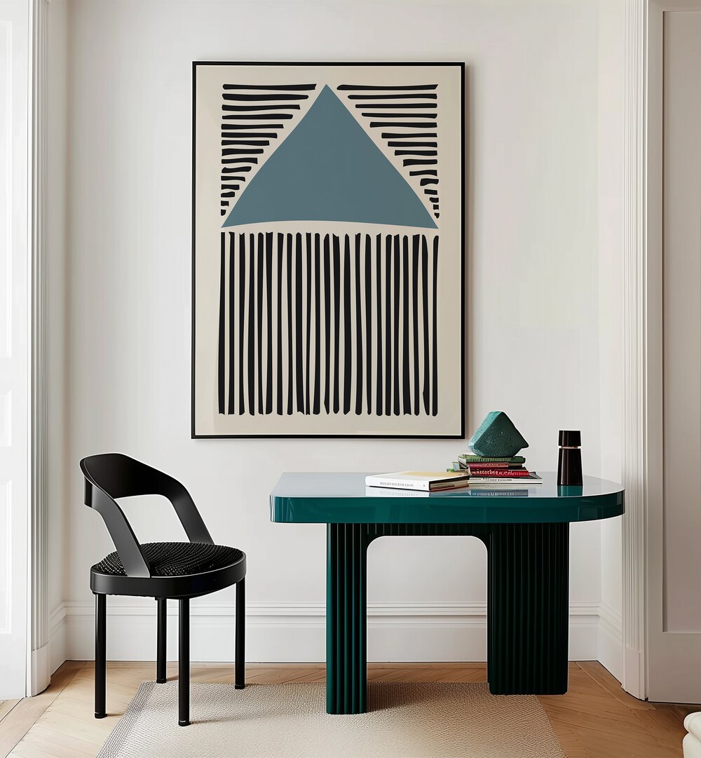 Abstract Lines Pattern Abstract Paintings Abstract Art Prints in Black Plain Frame placed on a Cream Colored Wall near a Table in a Workspace in the Drawing Room 