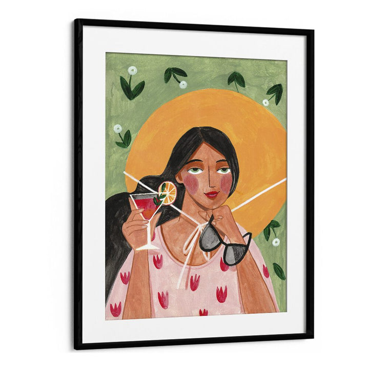 Abstract Modern Bohemian Woman With Cocktail By Caroline Bonne Muller Woman Illustration Paintings in Black Frame With Mount