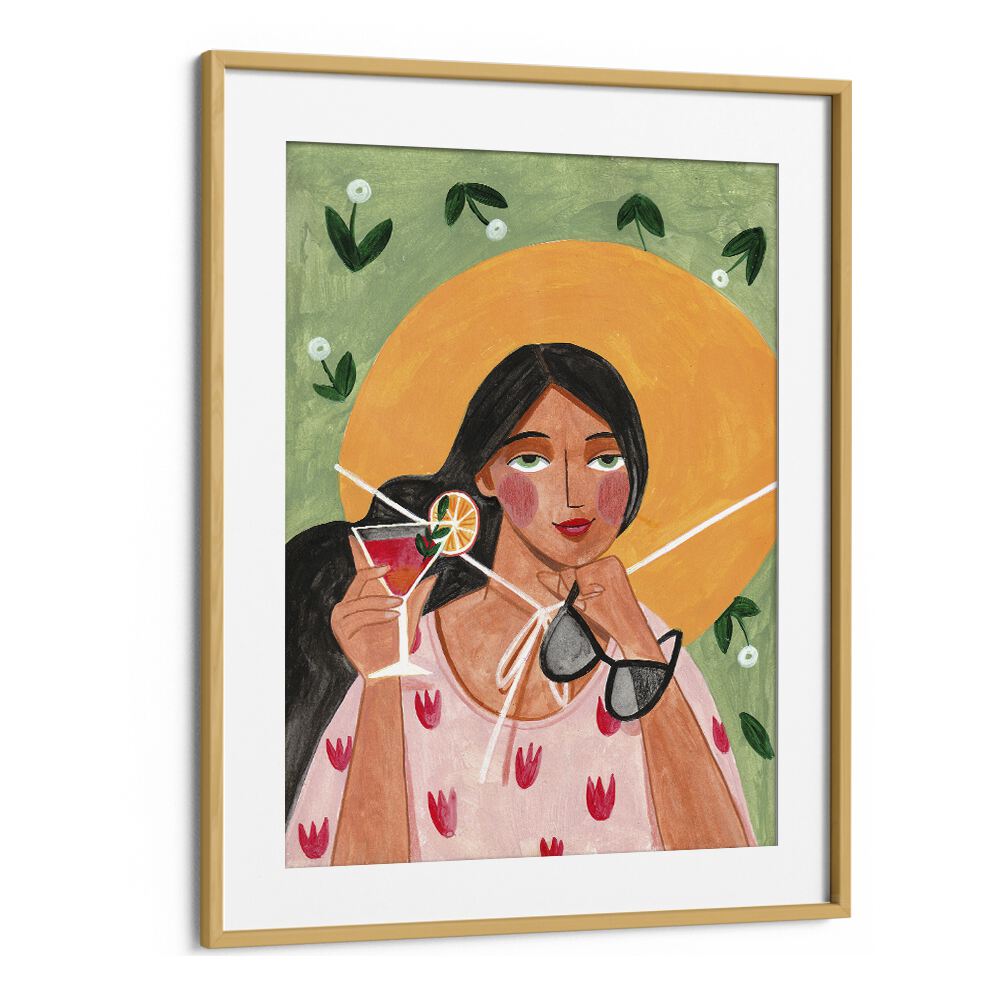 Abstract Modern Bohemian Woman With Cocktail By Caroline Bonne Muller Woman Illustration Paintings in Oak Wood Frame With Mount