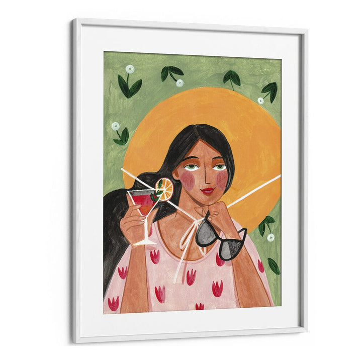 Abstract Modern Bohemian Woman With Cocktail By Caroline Bonne Muller Woman Illustration Paintings in White Frame With Mount