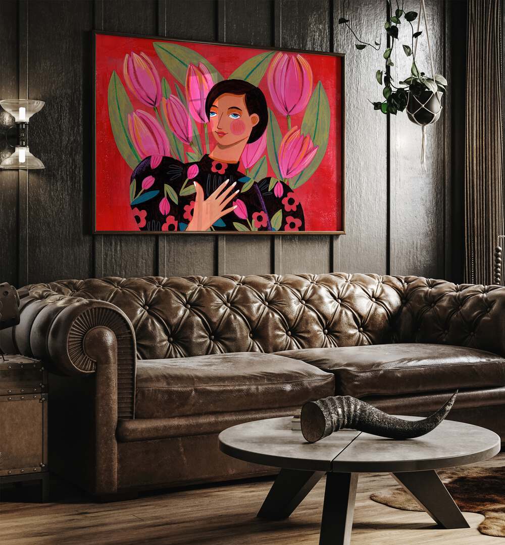 Abstract Modern Portrait Woman With Tulips By Caroline Bonne Muller Women Paintings in Black Plain Frame on a wall behind a sofa 