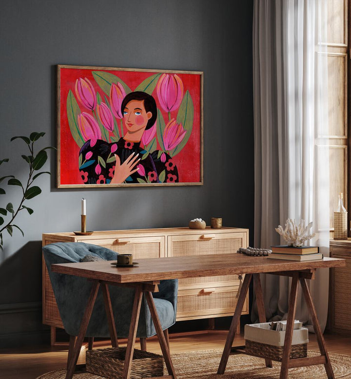 Abstract Modern Portrait Woman With Tulips By Caroline Bonne Muller Women Paintings in Oak Wood Plain Frame on a grey wall above a console table beside a window