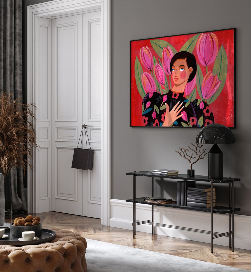 Abstract Modern Portrait Woman With Tulips By Caroline Bonne Muller Women Paintings in Black Plain Frame on a wall above a table beside a door