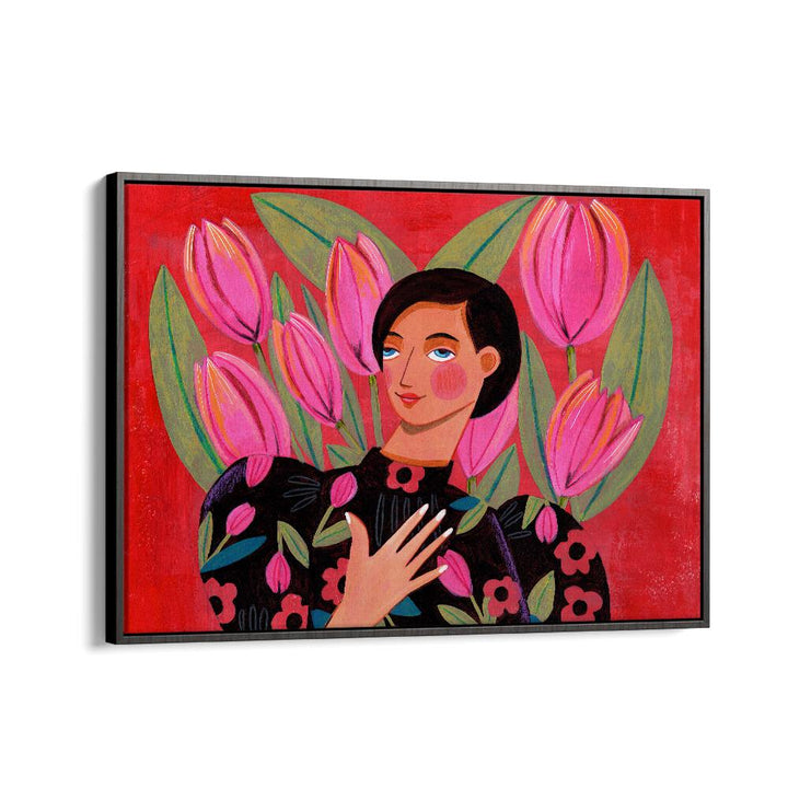 Abstract Modern Portrait Woman With Tulips By Caroline Bonne Muller Women Paintings in Black Floater Frame